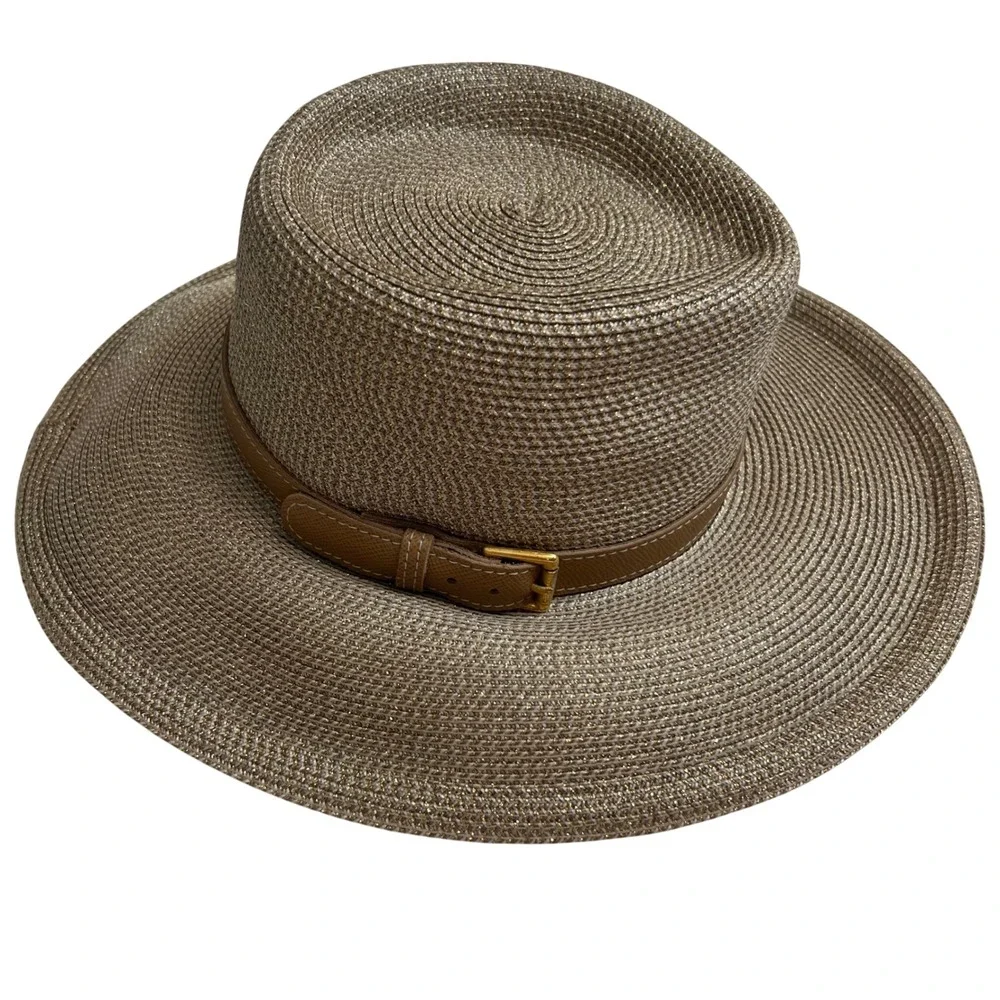 Eric Javits New York Squishee Straw Hat Gold Tan Wide Brim Buckle Packable